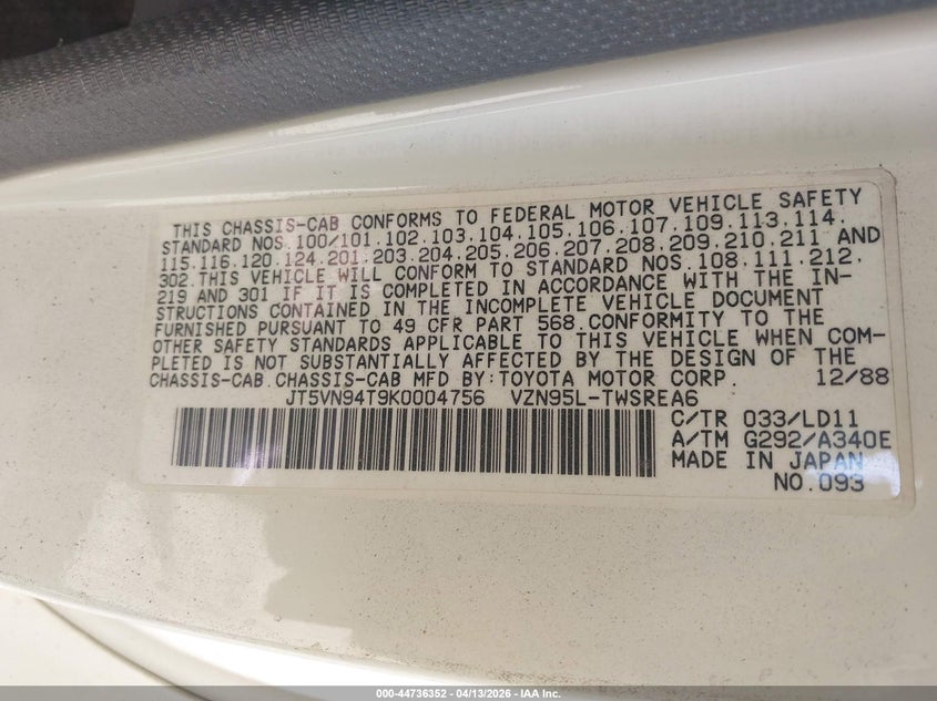 1989 Toyota Pickup VIN JT5VN94T9K0004756 IAAI salvage auction — SIDE, Salvage (California), sold $1,000 on 2026-07-15 (photo 9)