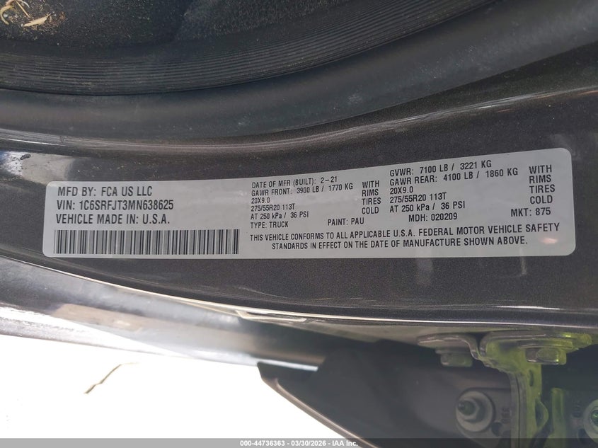 2021 Ram 1500 VIN 1C6SRFJT3MN638625 IAAI salvage auction — FRONT END, Wait Title, sold $9,100 on 2026-07-29 (photo 9)