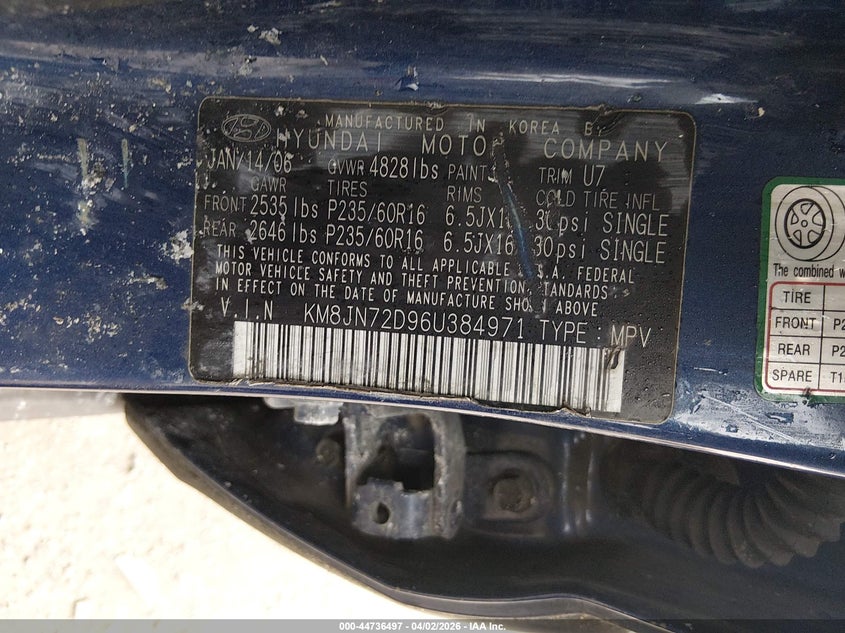 2006 Hyundai Tucson VIN KM8JN72D96U384971 IAAI salvage auction — LEFT SIDE, Clear (Washington), sold $400 on 2026-07-08 (photo 9)