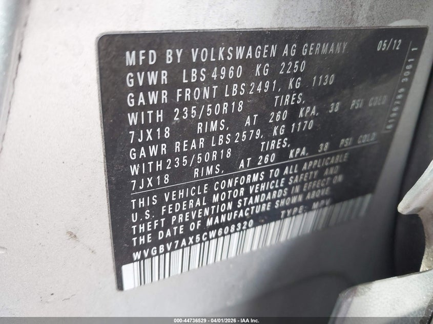2012 Volkswagen Tiguan VIN WVGBV7AX5CW608320 IAAI salvage auction — RIGHT FRONT, Salvage (Delaware), sold $800 on 2026-08-05 (photo 9)