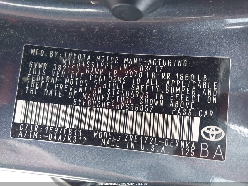 2017 Toyota Corolla VIN 5YFBURHE9HP666857 IAAI salvage auction — LEFT SIDE, Original (Texas), sold $2,650 on 2026-07-08 (photo 9)
