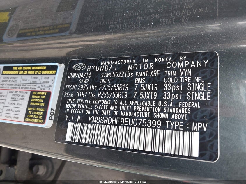 2014 Hyundai Santa fe VIN KM8SRDHF9EU075399 IAAI salvage auction — HAIL, Salvage (Iowa), sold $2,200 on 2026-07-28 (photo 9)