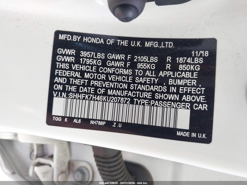 2019 Honda Civic VIN SHHFK7H46KU207872 IAAI salvage auction — LEFT FRONT, Wait Title, sold $4,650 on 2026-07-07 (photo 9)