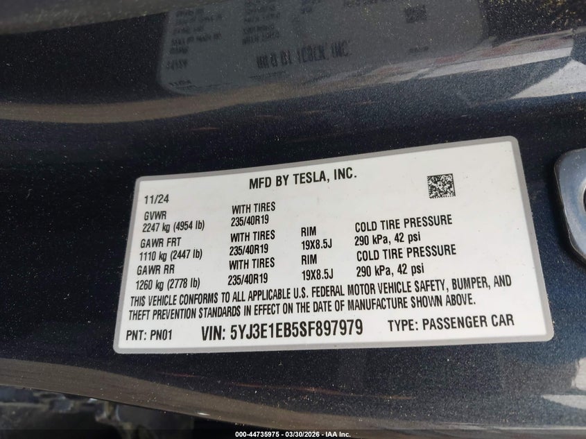 2025 Tesla Model 3 VIN 5YJ3E1EB5SF897979 IAAI salvage auction — ROLLOVER, Wait Title, sold $7,975 on 2026-07-08 (photo 9)