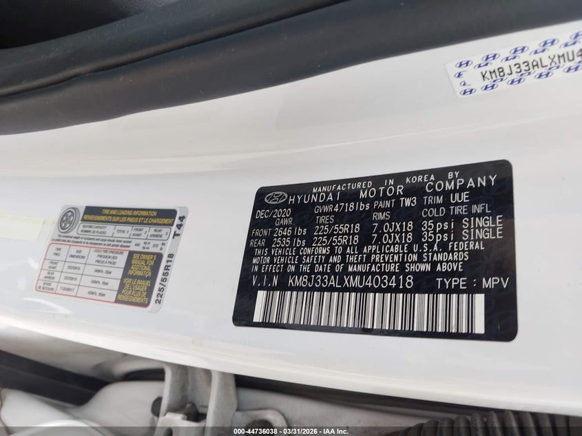 2021 Hyundai Tucson VIN KM8J33ALXMU403418 IAAI salvage auction — LEFT FRONT, Wait Title, sold $5,050 on 2026-07-13 (photo 9)