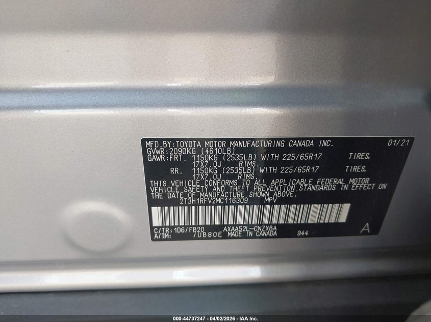 2021 Toyota Rav 4 VIN 2T3H1RFV2MC116309 IAAI salvage auction — REAR END, Salvage Title, sold $7,600 on 2026-07-30 (photo 9)