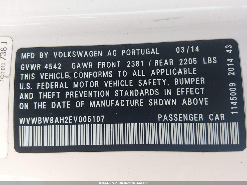 2014 Volkswagen Eos VIN WVWBW8AH2EV005107 IAAI salvage auction — FRONT END, Wait Title, sold $800 on 2026-08-11 (photo 9)