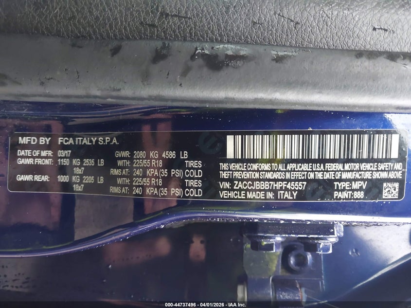 2017 Jeep Renegade VIN ZACCJBBB7HPF45557 IAAI salvage auction — LEFT SIDE, Clear (Indiana), sold $2,250 on 2026-07-07 (photo 9)