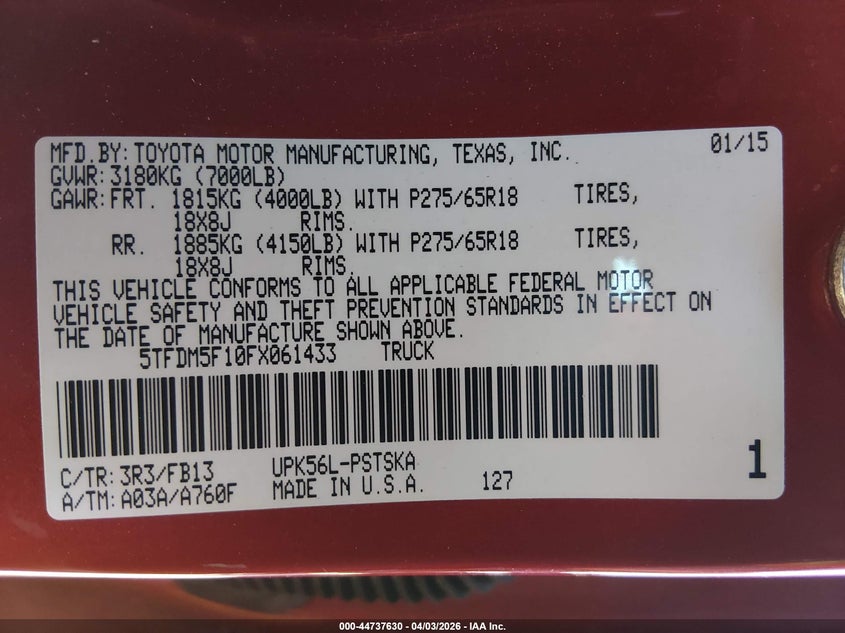 2015 Toyota Tundra VIN 5TFDM5F10FX061433 IAAI salvage auction — FRONT END, Salvage (Colorado), sold $7,200 on 2026-07-14 (photo 9)