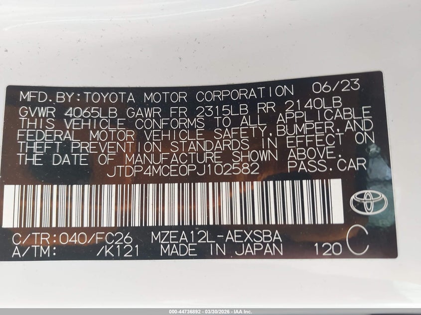 2023 Toyota Corolla VIN JTDP4MCE0PJ102582 IAAI salvage auction — HAIL, Salvage (Kansas), sold $10,200 on 2026-07-29 (photo 9)