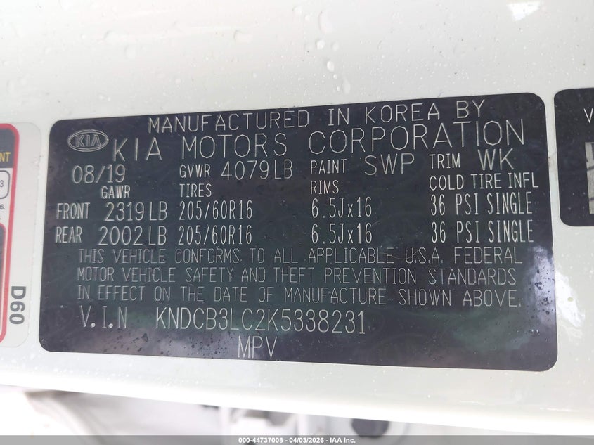2019 Kia Niro VIN KNDCB3LC2K5338231 IAAI salvage auction — HAIL, Salvage (Illinois), sold $3,700 on 2026-07-28 (photo 9)