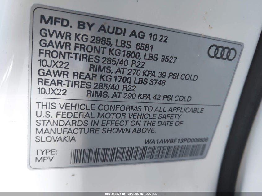 2023 Audi Sq8 VIN WA1AWBF13PD008606 IAAI salvage auction — REAR END, Clear (Tennessee), sold $47,050 on 2026-07-06 (photo 9)