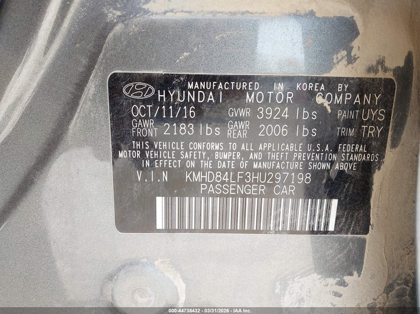 2017 Hyundai Elantra VIN KMHD84LF3HU297198 IAAI salvage auction — LEFT SIDE, Salvage (Kansas), sold $1,000 on 2026-07-29 (photo 9)
