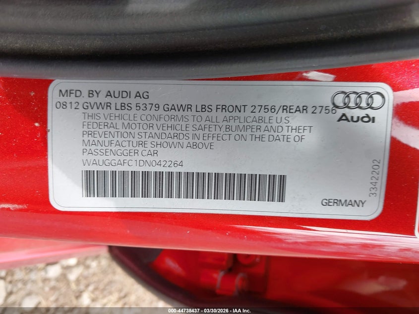 2013 Audi A6 VIN WAUGGAFC1DN042264 IAAI salvage auction — REAR END, Wait Title, sold $600 on 2026-07-22 (photo 9)