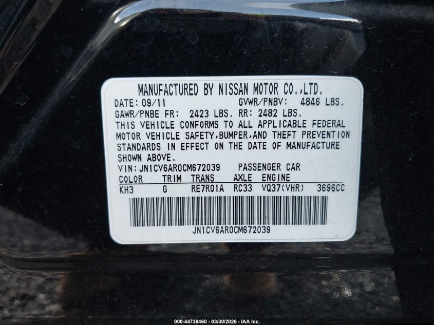 2012 Infiniti G VIN JN1CV6AR0CM672039 IAAI salvage auction — RIGHT SIDE, Wait Title, sold $825 on 2026-07-22 (photo 9)