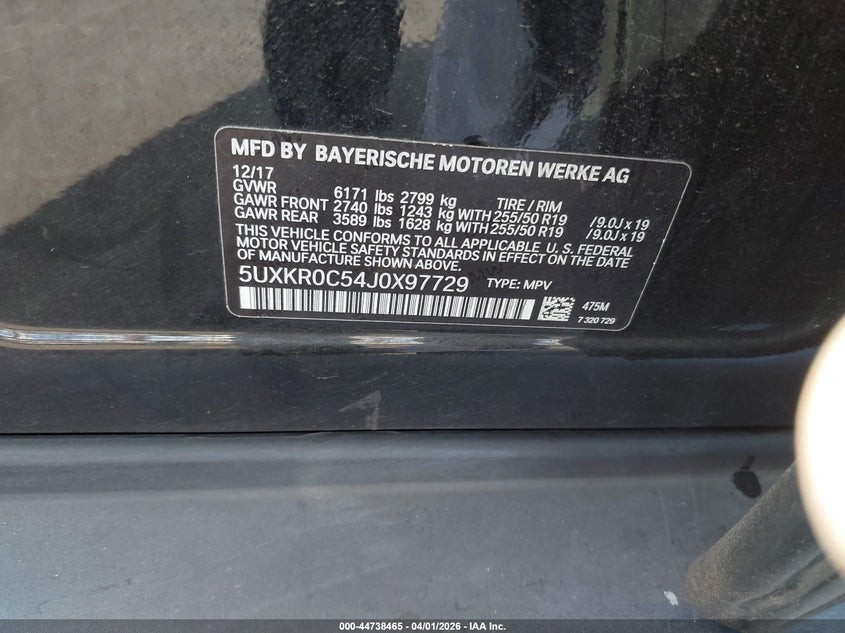 2018 BMW X5 VIN 5UXKR0C54J0X97729 IAAI salvage auction — REAR END, Wait Title, sold $6,500 on 2026-07-10 (photo 9)