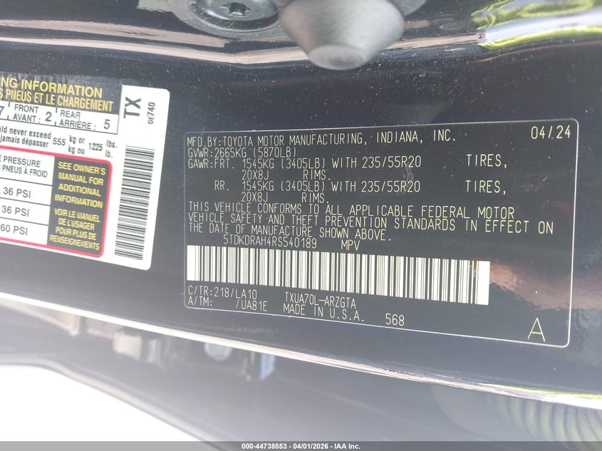 2024 Toyota Highlander VIN 5TDKDRAH4RS540189 IAAI salvage auction — FRONT END, Wait Title, sold $16,075 on 2026-07-16 (photo 9)