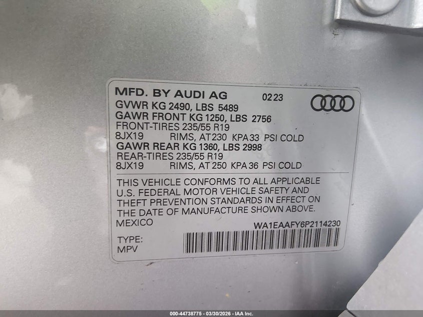 2023 Audi Q5 VIN WA1EAAFY6P2114230 IAAI salvage auction — REAR END, Rebuildable (Florida), sold $17,500 on 2026-07-30 (photo 9)