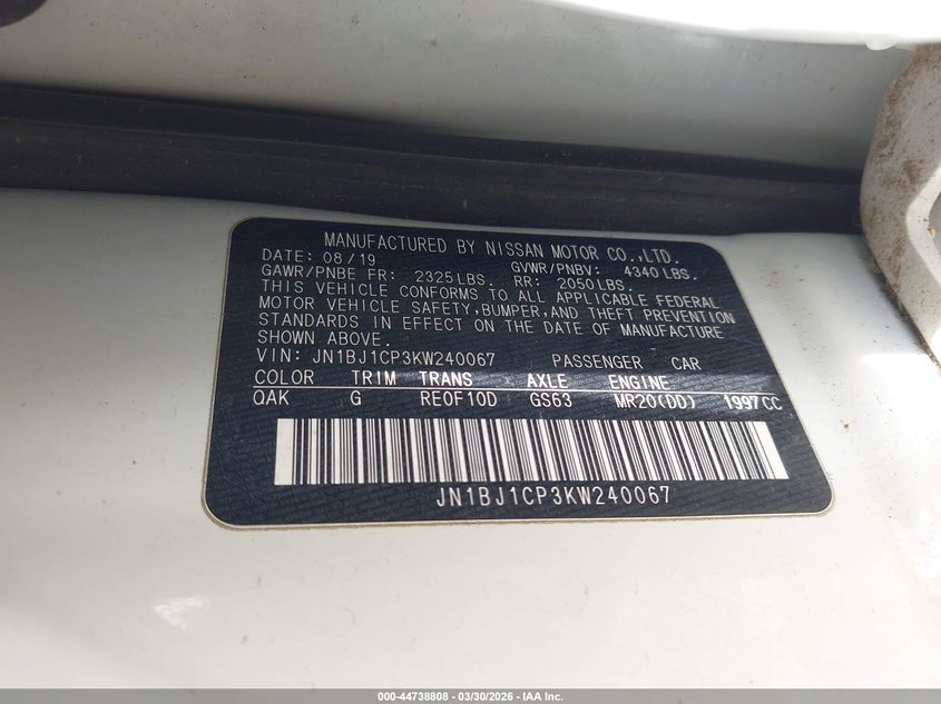 2019 Nissan Rogue VIN JN1BJ1CP3KW240067 IAAI salvage auction — RIGHT FRONT, Wait Title, sold $1,150 on 2026-07-29 (photo 9)