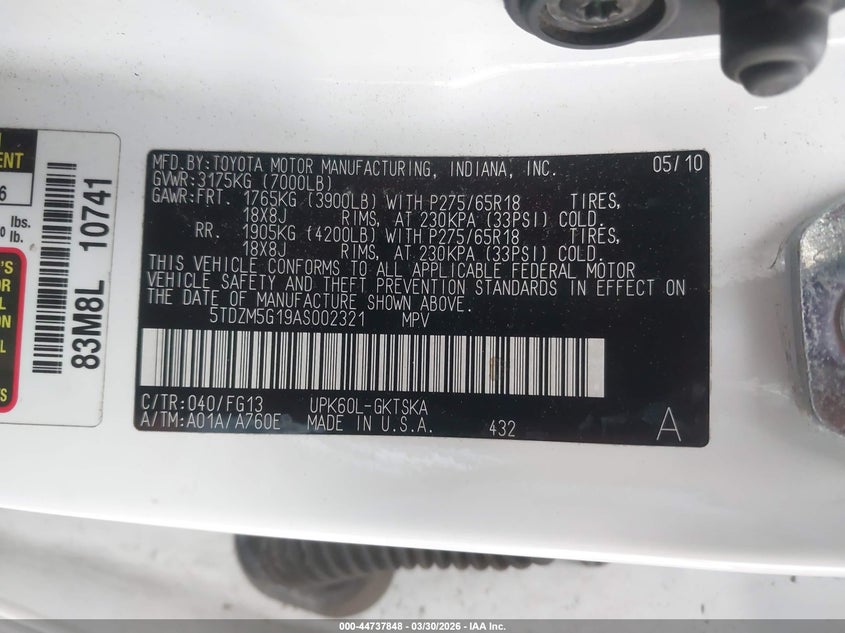2010 Toyota Sequoia VIN 5TDZM5G19AS002321 IAAI salvage auction — REAR END, Salvage (California), sold $2,400 on 2026-07-29 (photo 9)