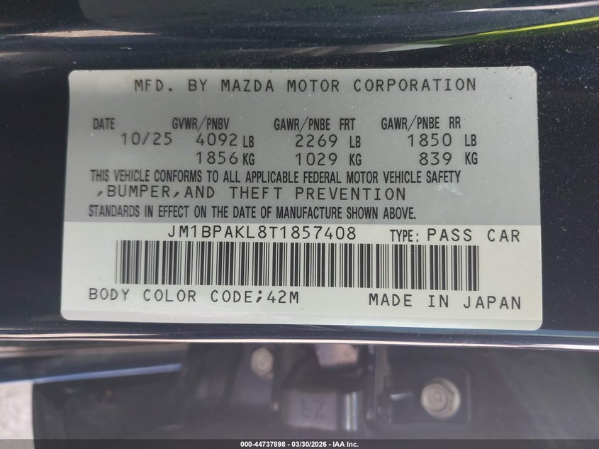 2026 Mazda 3 VIN JM1BPAKL8T1857408 IAAI salvage auction — FRONT END, Wait Title, sold $3,750 on 2026-07-09 (photo 9)