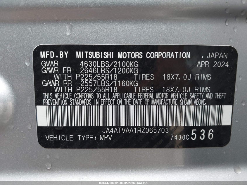 2024 Mitsubishi Eclipse cross VIN JA4ATVAA1RZ065703 IAAI salvage auction — FRONT END, Salvage (Ohio), sold $5,200 on 2026-07-30 (photo 9)