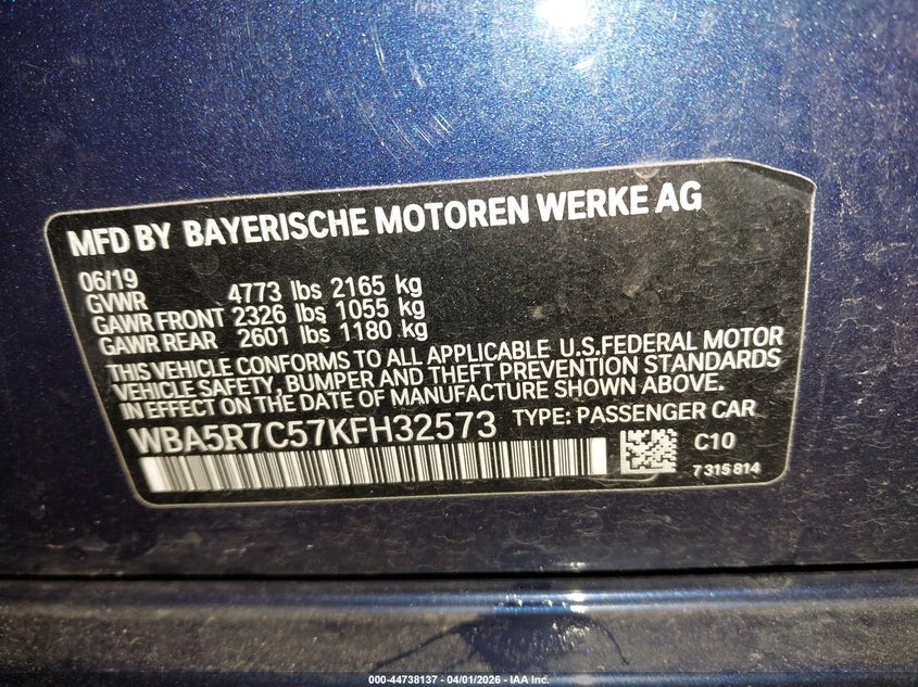 2019 BMW 3er VIN WBA5R7C57KFH32573 IAAI salvage auction — FRONT END, Wait Title, sold $10,325 on 2026-07-23 (photo 9)