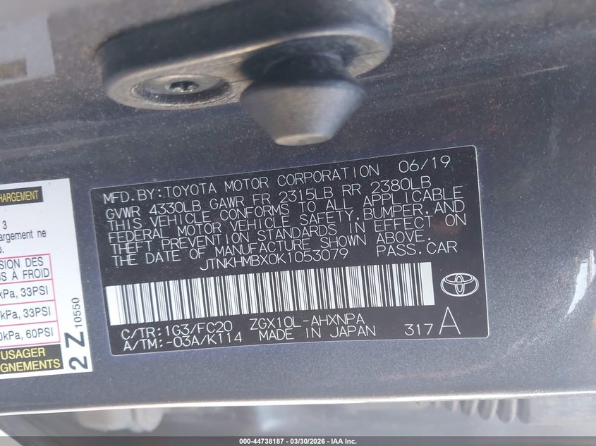 2019 Toyota C-hr VIN JTNKHMBX0K1053079 IAAI salvage auction — FRONT & REAR, Clear (Oklahoma), sold $3,300 on 2026-07-09 (photo 9)