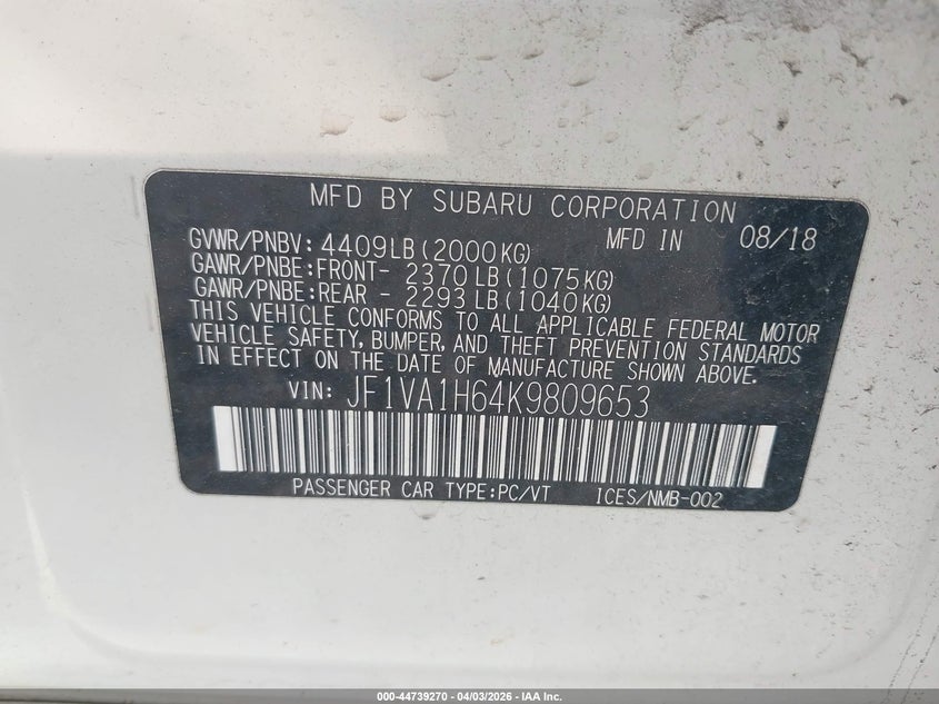 2019 Subaru Wrx VIN JF1VA1H64K9809653 IAAI salvage auction — FRONT END, Wait Title, sold $2,850 on 2026-07-10 (photo 9)