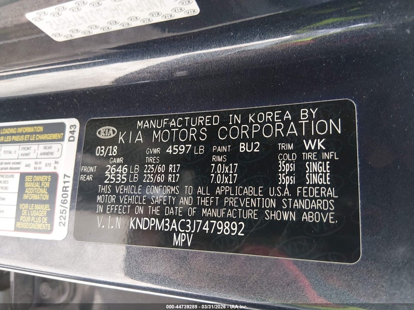 2018 Kia Sportage VIN KNDPM3AC3J7479892 IAAI salvage auction — FRONT END, Original (Kentucky), sold $1,900 on 2026-07-13 (photo 9)