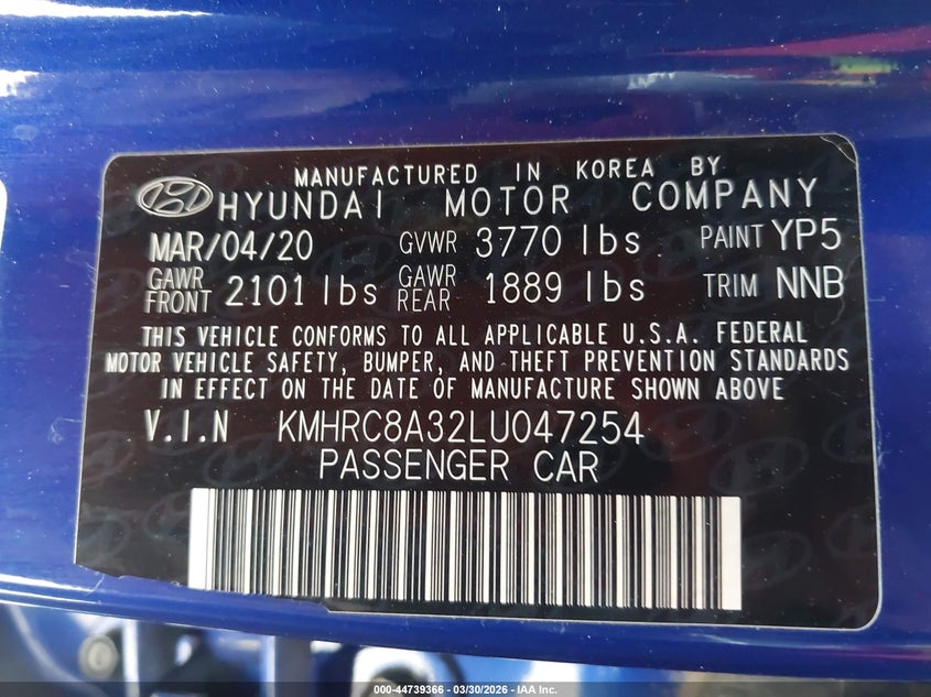 2020 Hyundai Venue VIN KMHRC8A32LU047254 IAAI salvage auction — RIGHT FRONT, Salvage (Arizona), sold $700 on 2026-07-21 (photo 9)