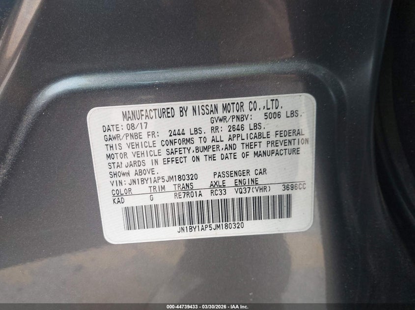 2018 Infiniti Q70 VIN JN1BY1AP5JM180320 IAAI salvage auction — ALL OVER, Wait Title, sold $725 on 2026-07-29 (photo 9)