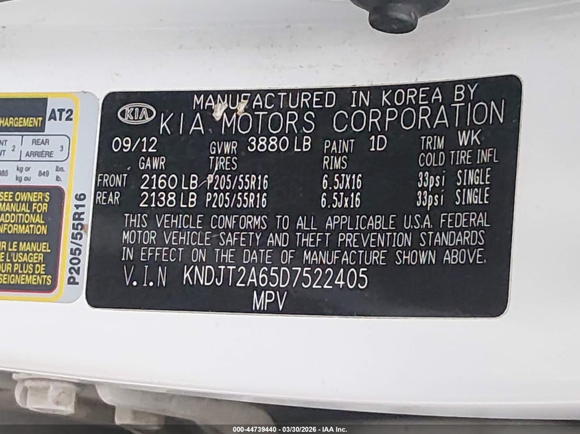 2013 Kia Soul VIN KNDJT2A65D7522405 IAAI salvage auction — RIGHT SIDE, Clear (Tennessee), sold $925 on 2026-07-29 (photo 9)