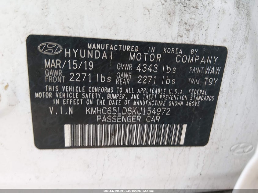2019 Hyundai Ioniq VIN KMHC65LD8KU154972 IAAI salvage auction — FRONT END, Wait Title, sold $3,925 on 2026-07-17 (photo 9)