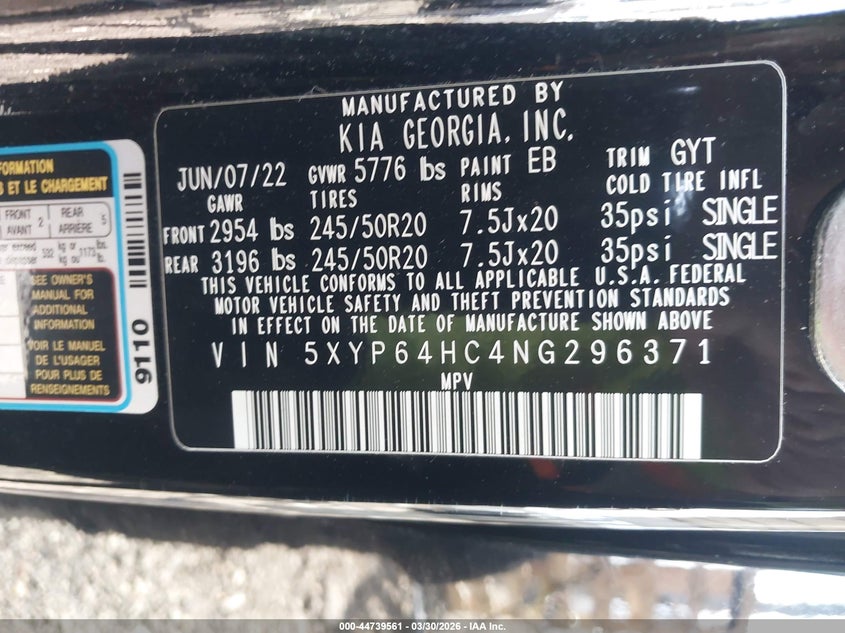 2022 Kia Telluride VIN 5XYP64HC4NG296371 IAAI salvage auction — FRONT END, Wait Title, sold $6,300 on 2026-07-20 (photo 9)