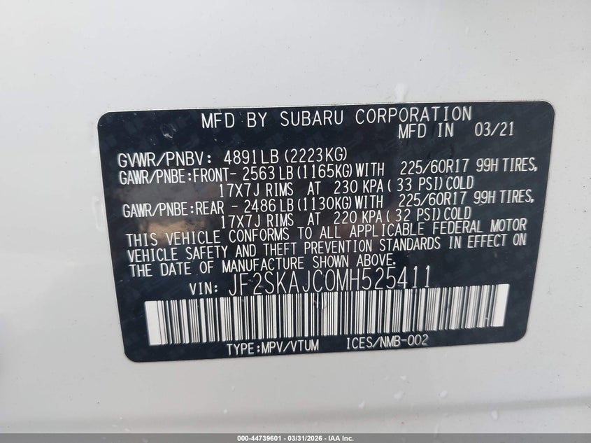 2021 Subaru Forester VIN JF2SKAJC0MH525411 IAAI salvage auction — FRONT END, Salvage (North Carolina), sold $4,000 on 2026-07-29 (photo 9)