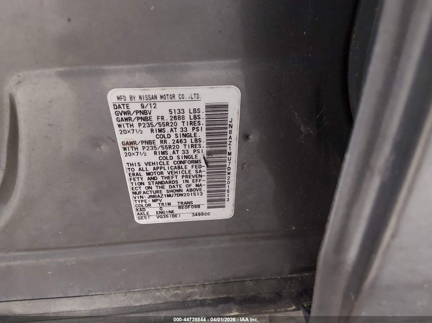2013 Nissan Murano VIN JN8AZ1MU7DW201513 IAAI salvage auction — REAR END, Salvage (South Carolina), sold $300 on 2026-07-07 (photo 9)