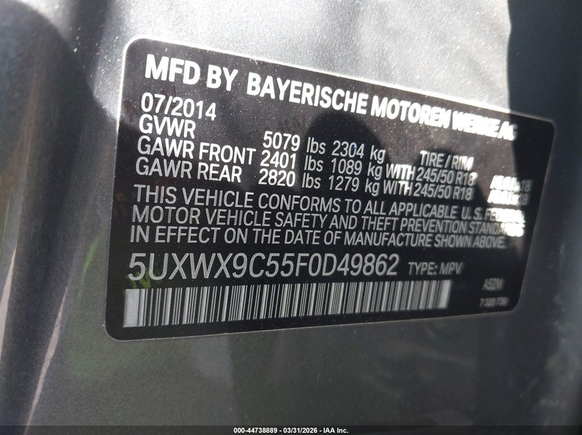 2015 BMW X3 VIN 5UXWX9C55F0D49862 IAAI salvage auction — RIGHT SIDE, Wait Title, sold $2,775 on 2026-07-28 (photo 9)