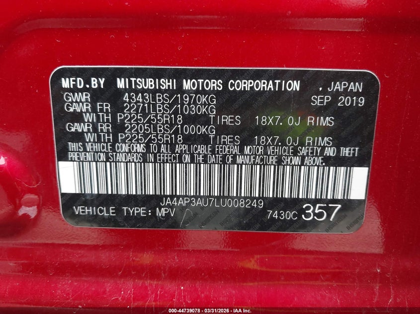 2020 Mitsubishi Outlander VIN JA4AP3AU7LU008249 IAAI salvage auction — SIDE, Mv-907A (New York), sold $2,350 on 2026-07-23 (photo 9)