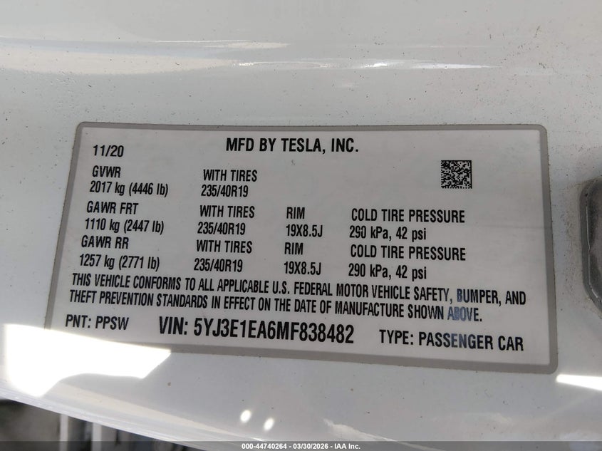 2021 Tesla Model 3 VIN 5YJ3E1EA6MF838482 IAAI salvage auction — RIGHT FRONT, Wait Title, sold $6,450 on 2026-07-16 (photo 9)