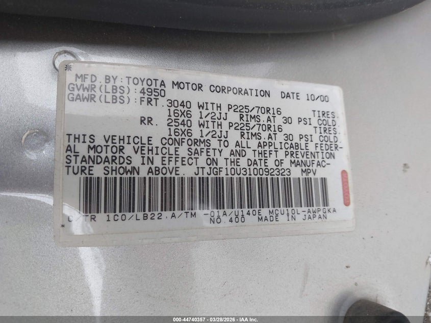 2001 Lexus Rx 300 VIN JTJGF10U310092323 IAAI salvage auction — HAIL, Original (Texas), sold $625 on 2026-07-29 (photo 9)