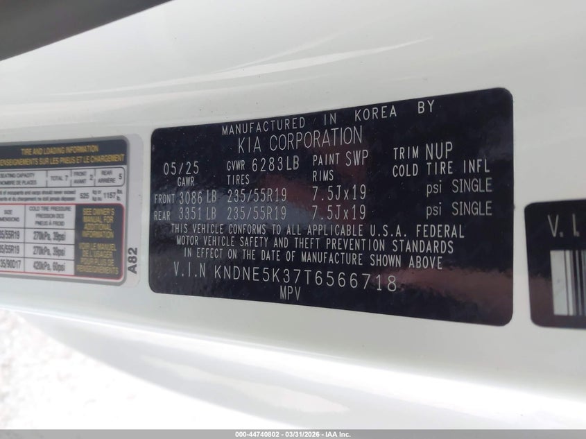 2026 Kia Carnival VIN KNDNE5K37T6566718 IAAI salvage auction — LEFT FRONT, Salvage (Texas), sold $17,950 on 2026-07-13 (photo 9)