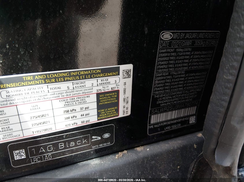 2021 Land rover Range rover sport VIN SALWR2SU3MA780774 IAAI salvage auction — FRONT & REAR, Salvage (Massachusetts), sold $9,000 on 2026-07-17 (photo 9)