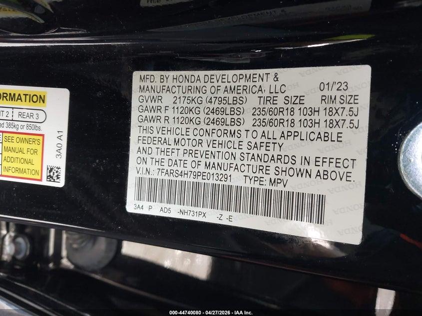2023 Honda Cr-v VIN 7FARS4H73PE011973 IAAI salvage auction — THEFT, Salvage Title, sold $12,600 on 2026-07-24 (photo 9)