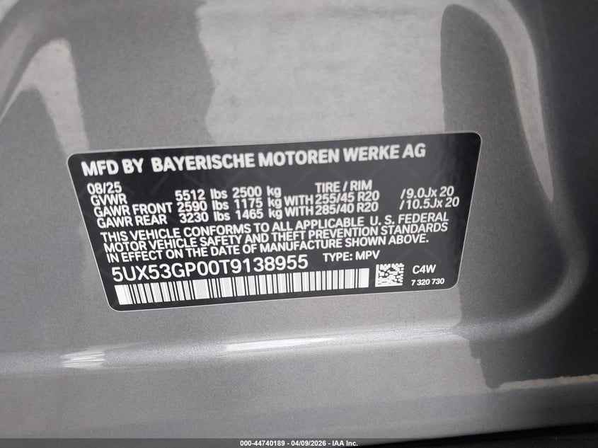 2026 BMW X3 VIN 5UX53GP00T9138955 IAAI salvage auction — FRONT END, Salvage Title, sold $22,675 on 2026-07-06 (photo 9)