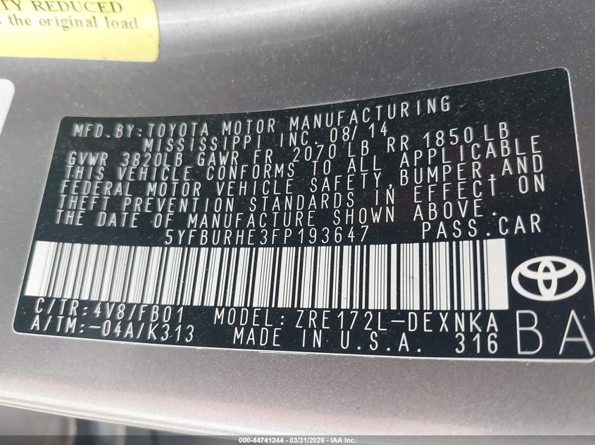 2015 Toyota Corolla VIN 5YFBURHE3FP193647 IAAI salvage auction — NORMAL WEAR, Original (Texas), sold $50 on 2026-07-29 (photo 9)