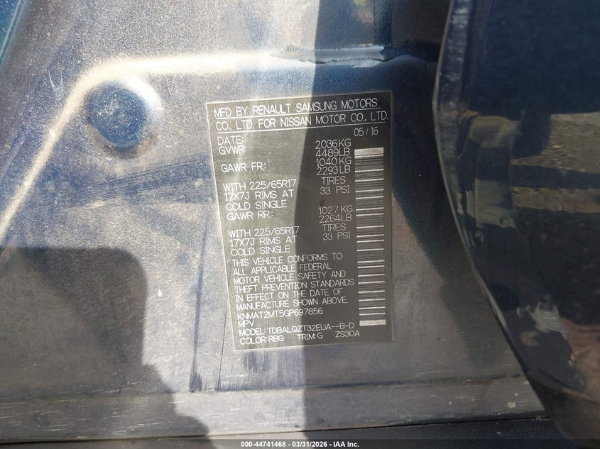 2016 Nissan Rogue VIN KNMAT2MT5GP697856 IAAI salvage auction — FRONT END, Salvage (Alabama), sold $650 on 2026-07-21 (photo 9)