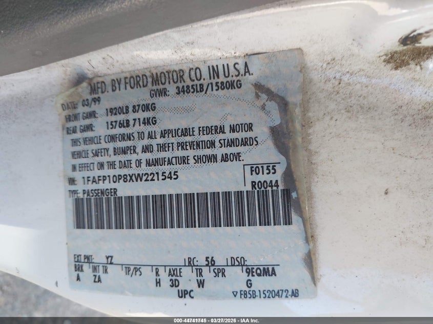 1999 Ford Escort VIN 1FAFP10P8XW221545 IAAI salvage auction — HAIL, Salvage (Idaho), sold $125 on 2026-07-07 (photo 9)