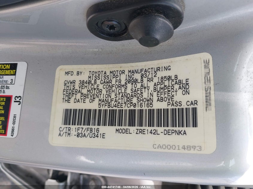 2012 Toyota Corolla VIN 5YFBU4EE7CP016165 IAAI salvage auction — LEFT FRONT, Salvage (Hawaii), sold $775 on 2026-07-28 (photo 9)