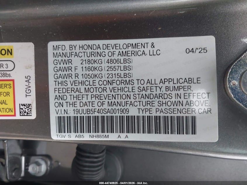 2025 Acura Tlx VIN 19UUB5F40SA001909 IAAI salvage auction — RIGHT SIDE, Wait Title, sold $16,025 on 2026-07-29 (photo 9)